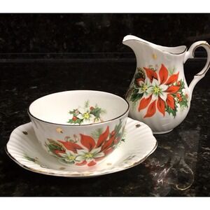 Royalty "Noel" Creamer Sugar Plate Red Poinsettias England Bone China Vintage